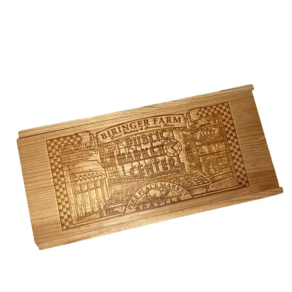 BIRINGER FARM Wooden Storage Box Sliding Lid Solid Wood Etched Engraved Design